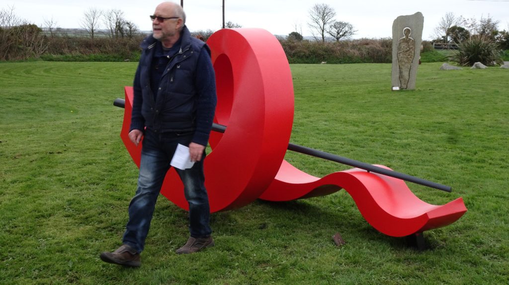 One of David Harrisons Sculputures on Trew Green with the artist